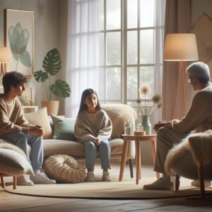A comforting and serene scene showing a diverse group of people, including a child, a young adult, and an older person, engaging in a supportive group therapy session. The setting is inviting, with soft lighting and comfortable seating, highlighting the theme of mental well-being and inclusivity.
