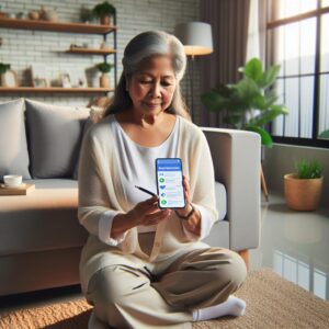 A senior person using a smartphone to access a health questionnaire, seated comfortably in a bright and cozy living room, symbolizing independence and self-care for elderly.