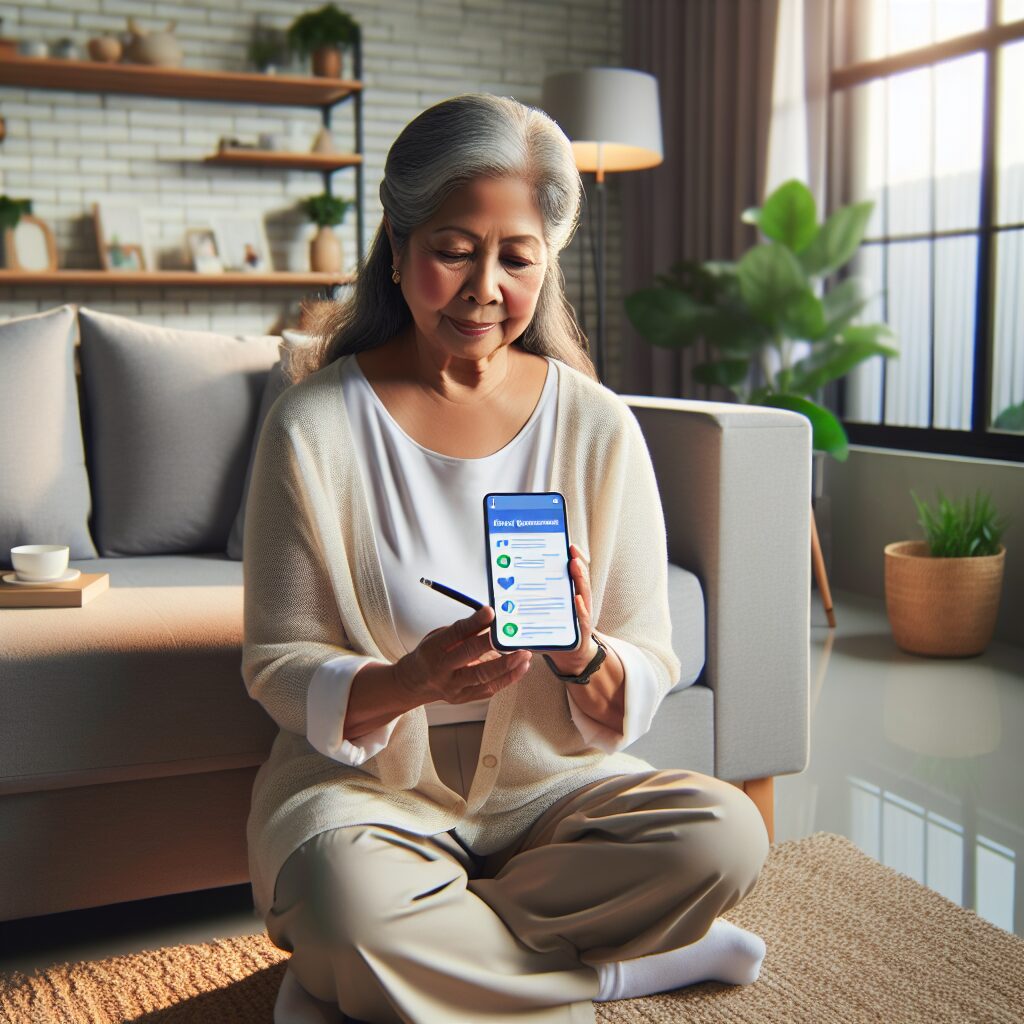 A senior person using a smartphone to access a health questionnaire, seated comfortably in a bright and cozy living room, symbolizing independence and self-care for elderly.
