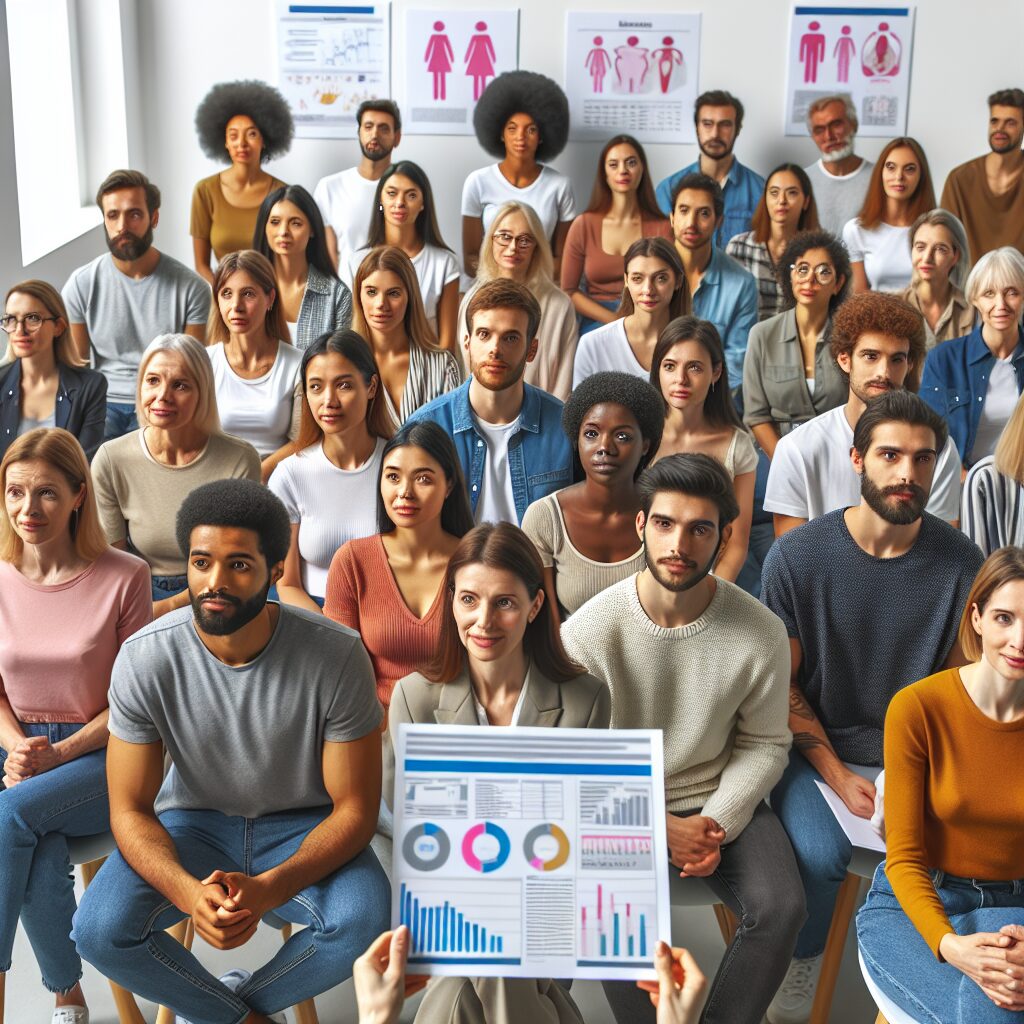 A diverse group of men and women of different ages and ethnicities in a bright, modern setting. They are attentively watching a presentation on reproductive health, with charts and statistics about contraception and abortion on display. The atmosphere is informative and encouraging, emphasizing empowerment and informed choice.
