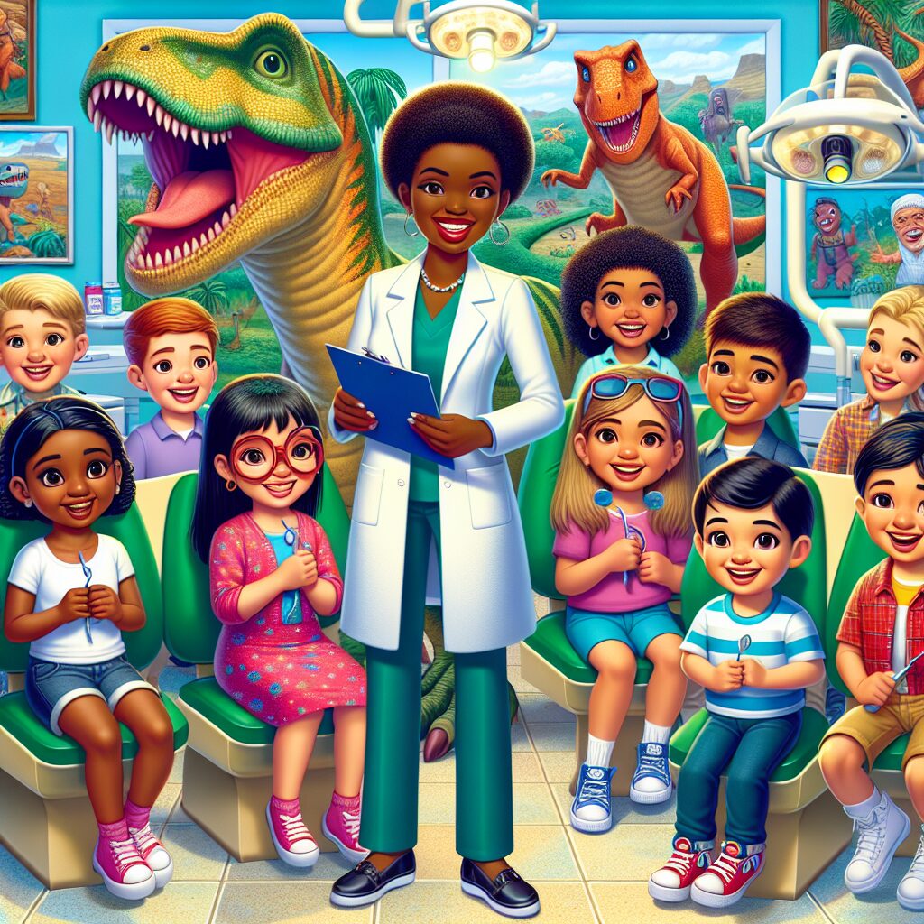A colorful and engaging illustration depicting children and young adults visiting a dentist, surrounded by prehistoric imagery such as friendly cartoon dinosaurs and a prehistoric setting, promoting dental health in a fun and educational way.