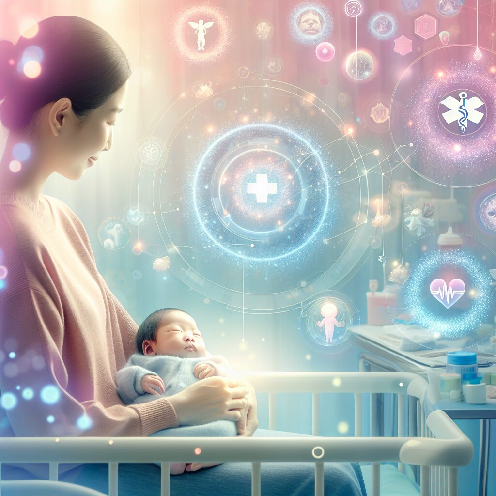 A serene nursery scene with a concerned mother observing her sleeping baby, surrounded by calming pastel colors. In the foreground, medical symbols float gently, symbolizing protection and prevention, with an ethereal glow.
