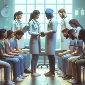 A secure psychiatric unit with medical staff interacting compassionately with patients, featuring a serene yet clinical environment, emphasizing both security and empathy.