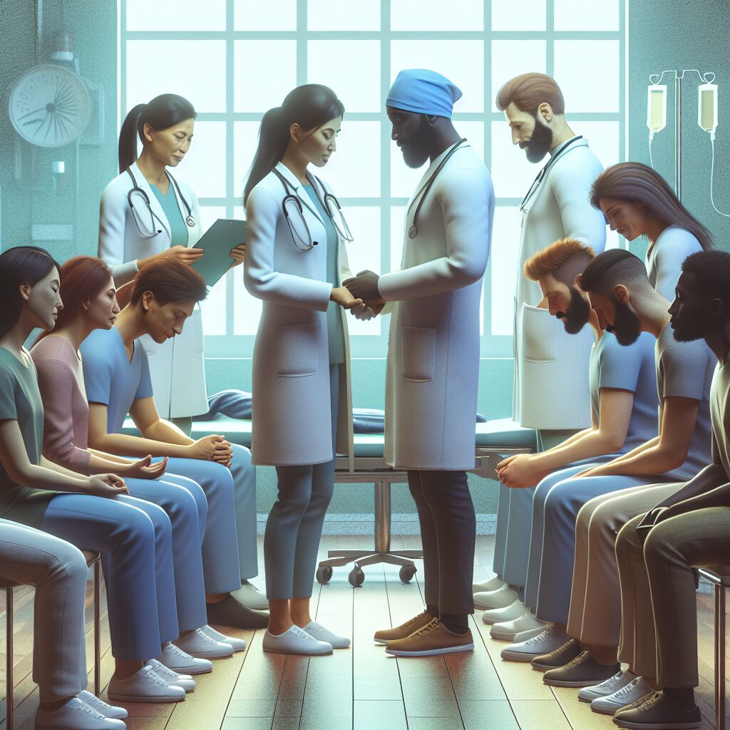 A secure psychiatric unit with medical staff interacting compassionately with patients, featuring a serene yet clinical environment, emphasizing both security and empathy.