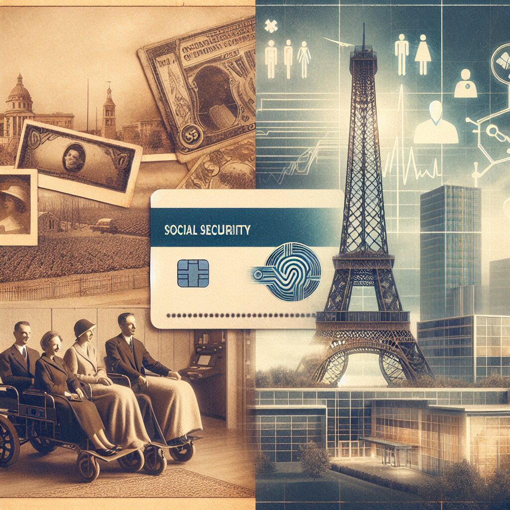 A symbolic blend of historical and modern elements illustrating the evolution of the French social security system. A vintage style photograph representing the inception of social security in the 1940s juxtaposed with modern healthcare imagery like a digital health card or a futuristic hospital. Include elements of French iconography like the Eiffel Tower subtly blended into the background.