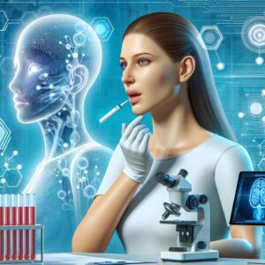 Illustration d'une femme réalisant un test salivaire dans un cadre médical moderne, avec des éléments de microscopes et d'intelligence artificielle en arrière-plan, symbolisant l'innovation scientifique.