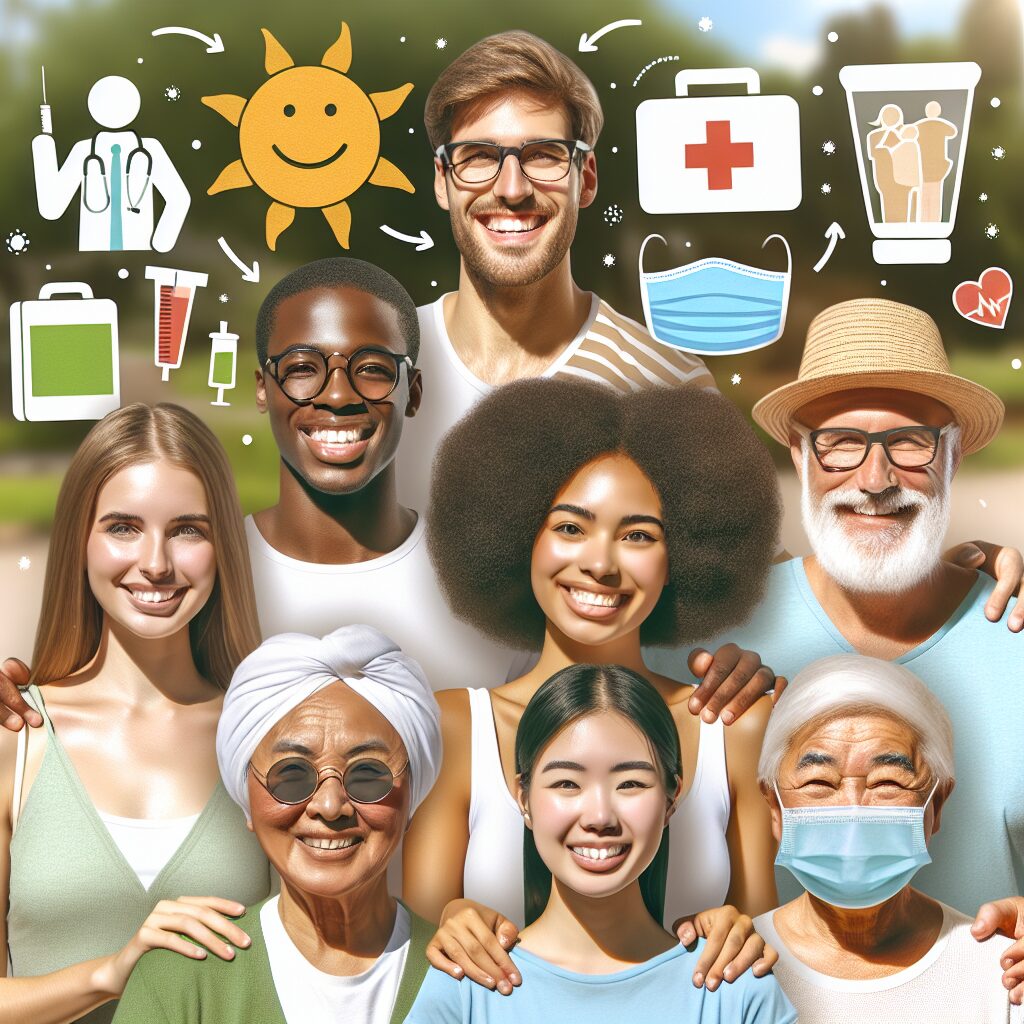 Un groupe de personnes de différents horizons en train de profiter d'une journée d'été en sécurité, appliquant des mesures de prévention contre les maladies, avec des éléments tels qu'un ensoleillement modéré, des médicaments et des équipements de protection.