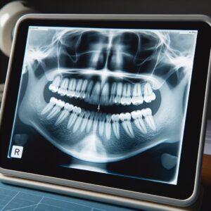 Image d'une radio dentaire montrant une mâchoire avec un nombre anormal de dents, illustrant un cas médical rare avec une ambiance sérieuse et informative.