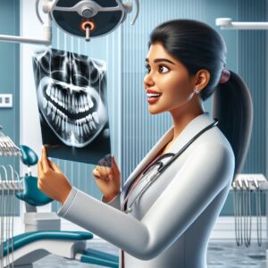 An illustration of a dentist examining an x-ray showing a jaw with an extraordinary number of teeth, symbolizing the rare condition known as hyperdontia. The setting is a modern dental clinic, with the dentist looking amazed and intrigued.