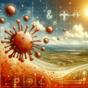 A detailed illustration showing an abstract representation of enteroviruses circulating in warm summer conditions, with a subtle backdrop of France's landscape under a sunny sky, focusing on healthcare elements like hygiene and vigilance.