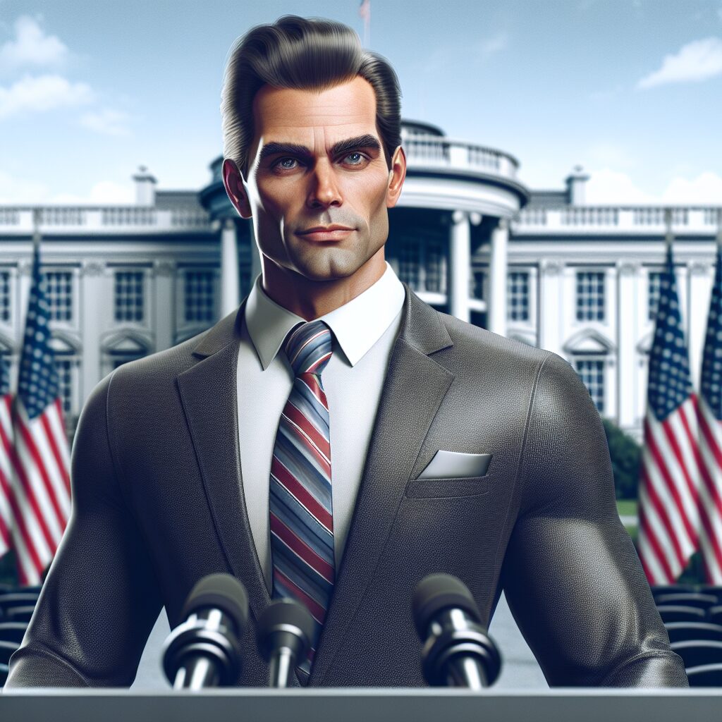 A confident Donald Trump speaking in front of a crowd during a press conference at the White House, with symbolic American flags in the background, looking resolute and firm, in a detailed and realistic art style.