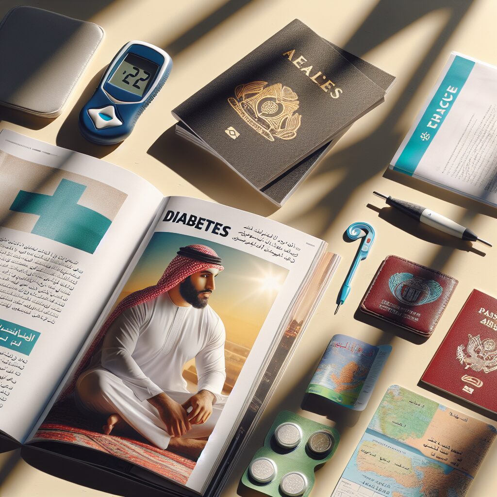 Une image illustrant un magazine ouvert sur une table ensoleillée, avec une personne feuilletant des pages sur la santé, le sport, et la gestion du diabète. Des éléments médicaux comme un glucomètre et des documents de voyage sont visibles à côté, symbolisant un mélange de santé et de voyage.