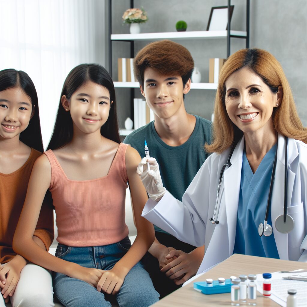 Un médecin montrant un vaccin à une famille avec des enfants adolescents dans un cabinet médical moderne et chaleureux, symbolisant la prévention et la vaccination contre le papillomavirus humain.