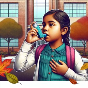 An illustrative image of a young child using an inhaler outside a school building, symbolizing the increased need for asthma management during the school year, with autumn leaves in the background.