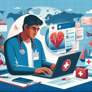 Illustration d'une personne utilisant un ordinateur pour accéder à son compte ameli, en arrière-plan un collage de paysages étrangers, des éléments médicaux tels qu'une croix rouge et des documents officiels.
