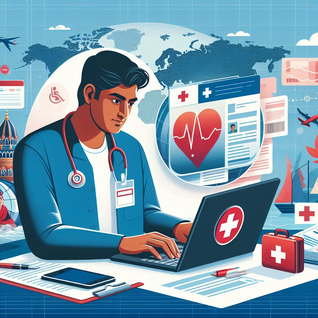 Illustration d'une personne utilisant un ordinateur pour accéder à son compte ameli, en arrière-plan un collage de paysages étrangers, des éléments médicaux tels qu'une croix rouge et des documents officiels.