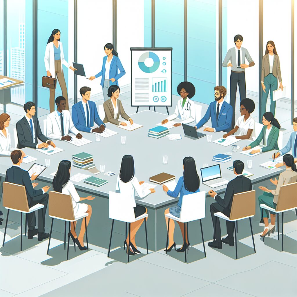 Une illustration montrant un groupe diversifié de professionnels en réunion, discutant autour d'une grande table dans un environnement moderne et lumineux. Des documents, des ordinateurs portables et un écran de présentation sont visibles, symbolisant la collaboration et l'innovation scientifique.