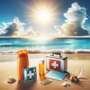 A vibrant summer scene showing symbols of health protection: a sunblock bottle, a condom, allergy pills, and a first aid kit, set on a sunny beach background with clear blue sky.