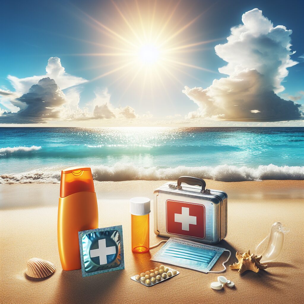 A vibrant summer scene showing symbols of health protection: a sunblock bottle, a condom, allergy pills, and a first aid kit, set on a sunny beach background with clear blue sky.