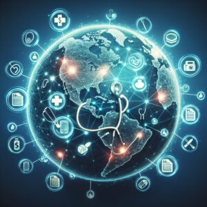 A digital illustration showing a globe with various medical symbols such as a stethoscope and prescription papers, connected through digital networks, representing international healthcare reimbursements.
