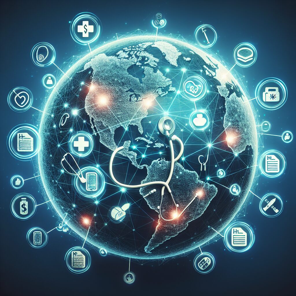 A digital illustration showing a globe with various medical symbols such as a stethoscope and prescription papers, connected through digital networks, representing international healthcare reimbursements.