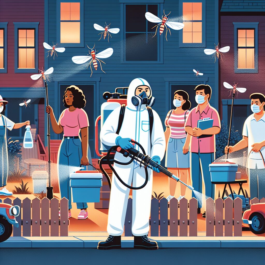 Illustration d'une intervention de démoustication dans un quartier urbain en soirée, avec des personnels en tenue de protection pulvérisant de l'insecticide, entourés d'habitants respectant les consignes sanitaires.
