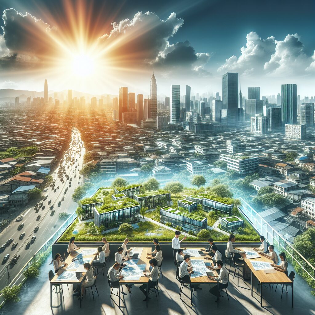 A bustling urban landscape under a hot sun, with buildings designed with green roofs and reflective materials to combat heat, professionals discussing construction plans and heat maps in a modern city plan room.