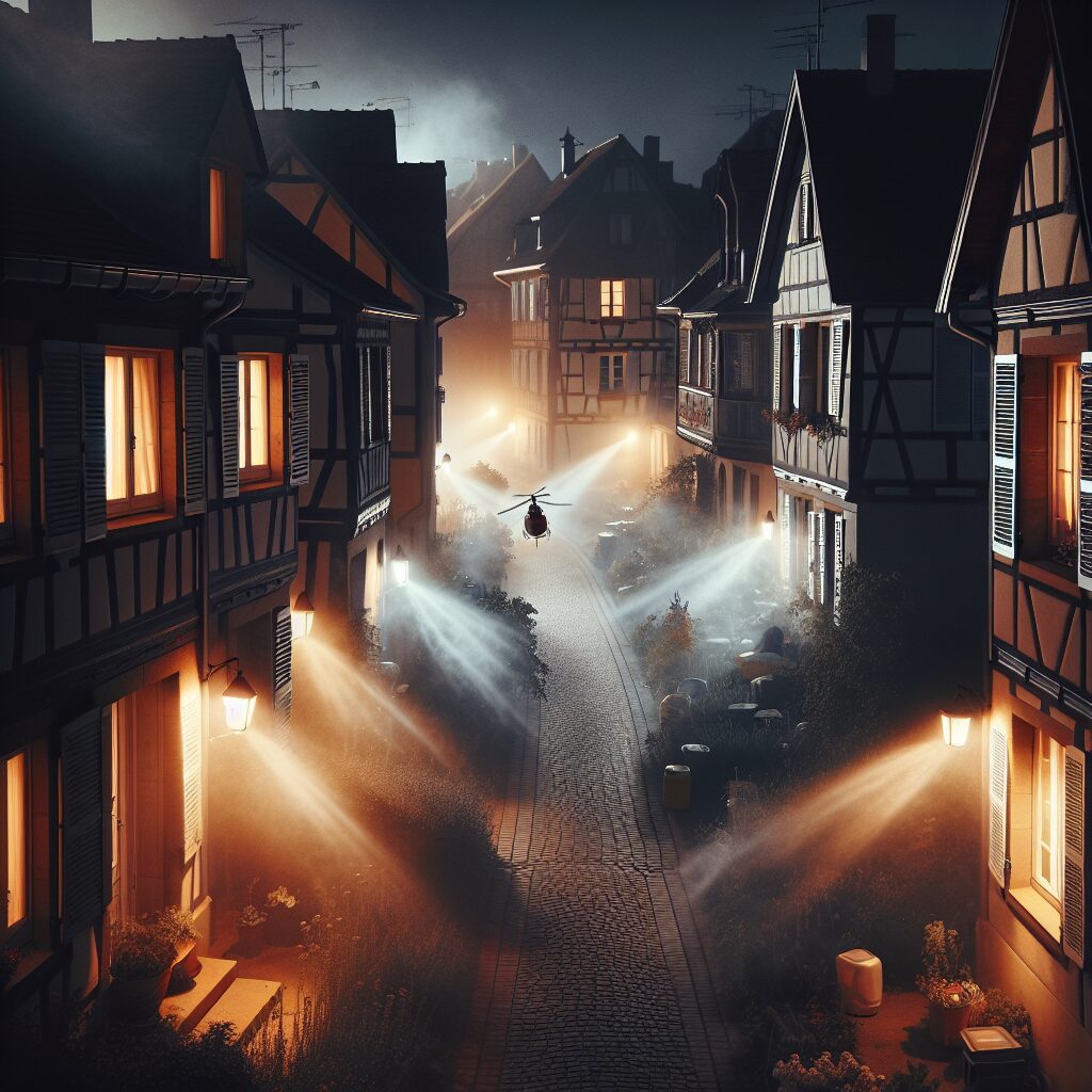 A nighttime scene in a residential area of Strasbourg with visible clouds of insecticide being sprayed for mosquito control, highlighting an urban environment with concerned residents indoors, windows closed, light filtering through curtains.