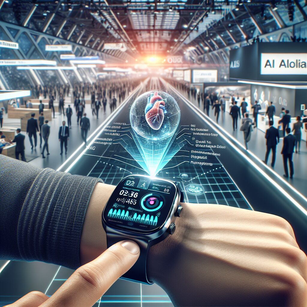 A high-tech smartwatch with digital interface, showing health data and AI algorithms analyzing vital signs. In the background, a futuristic tech expo setting in Berlin with displays of advanced health gadgets.