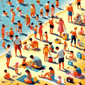 A sunny beach scene with families enjoying various activities, like swimming and playing, highlighting summer health and safety. Include essential summer items like sun hats, sunscreen, and a first-aid kit in the scene.