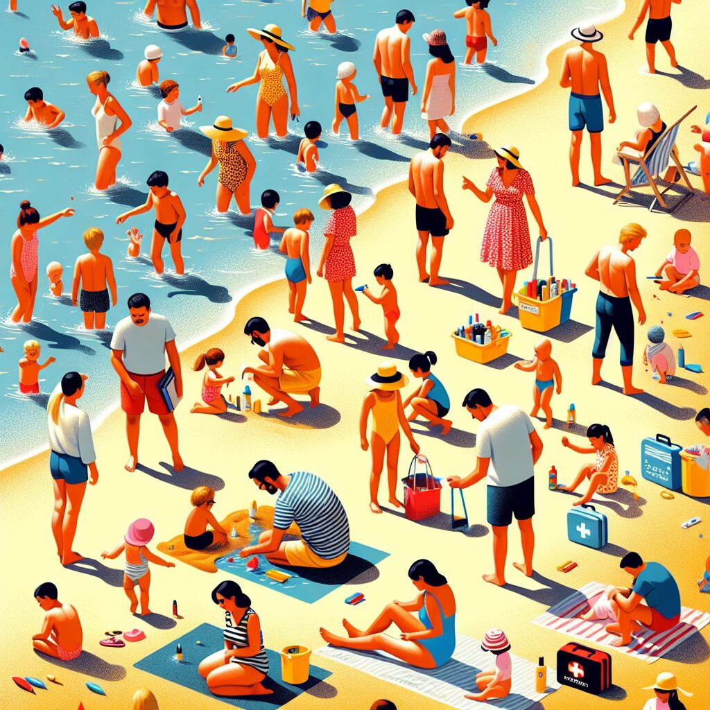 A sunny beach scene with families enjoying various activities, like swimming and playing, highlighting summer health and safety. Include essential summer items like sun hats, sunscreen, and a first-aid kit in the scene.