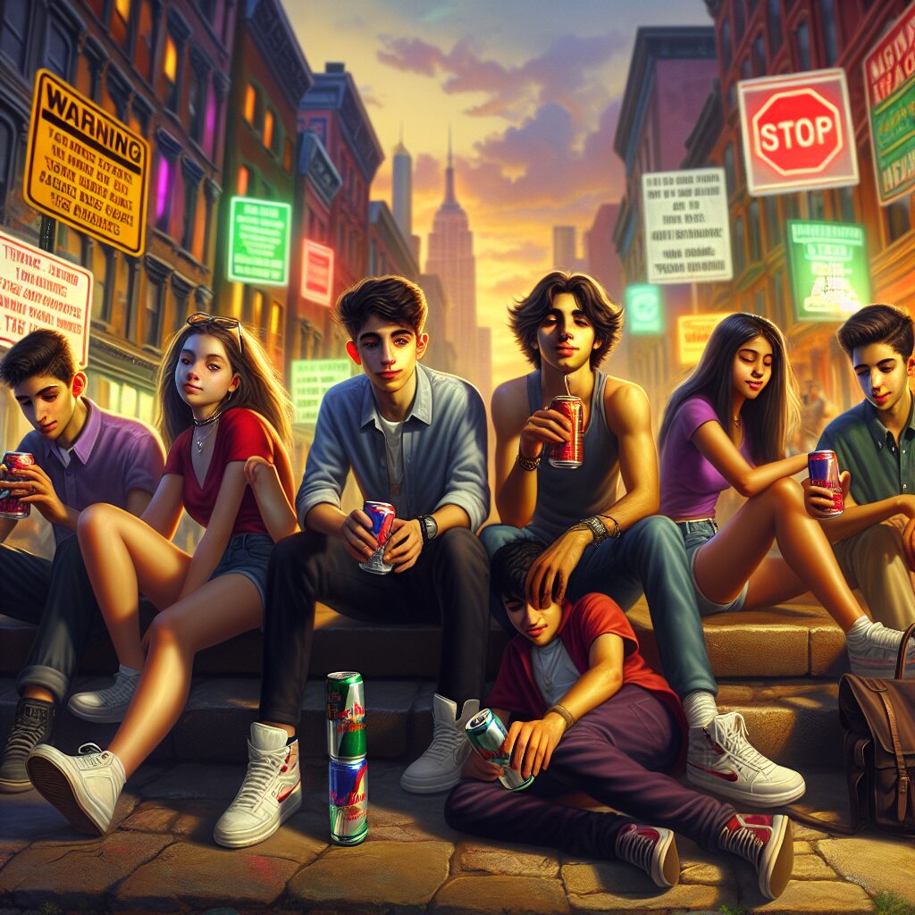 A group of teenagers in a park, casually holding energy drinks cans, surrounded by signs warning about health risks. The scene should show diverse ethnicities and a vibrant urban background, emulating a casual summer evening in a city setting.