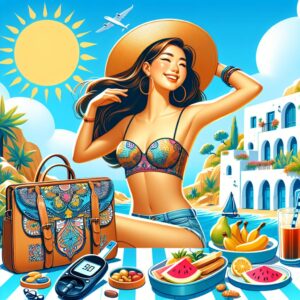 A bright, inviting image of a person enjoying a summer vacation, with essentials like a travel bag, healthy snacks, and a glucose meter nearby, set against a Mediterranean backdrop.