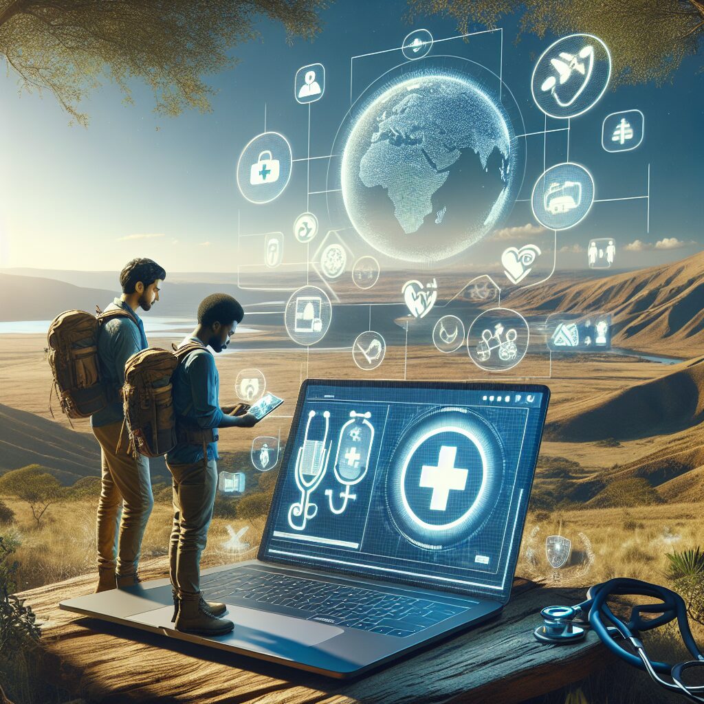 A visual depicting a serene landscape with two travelers checking their online health insurance account on a laptop, surrounded by digital icons representing medical assistance and global connectivity.