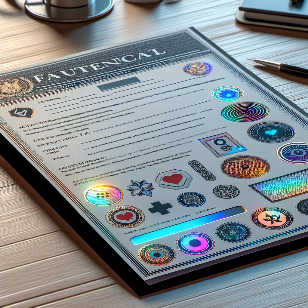 An official looking document with security features such as holographic stickers and magnetic ink, symbolizing secure and fraudulent-proof paperwork, set against a backdrop of a medical office.