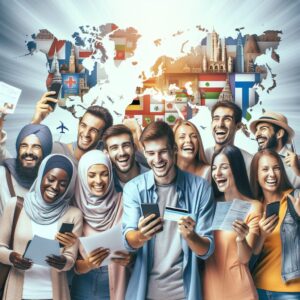 A diverse group of travelers, each holding medical documents and smartphones, smiling and interacting online, set against a backdrop of international landmarks symbolizing Europe, Asia, and the Americas, with a soft, professional color palette.