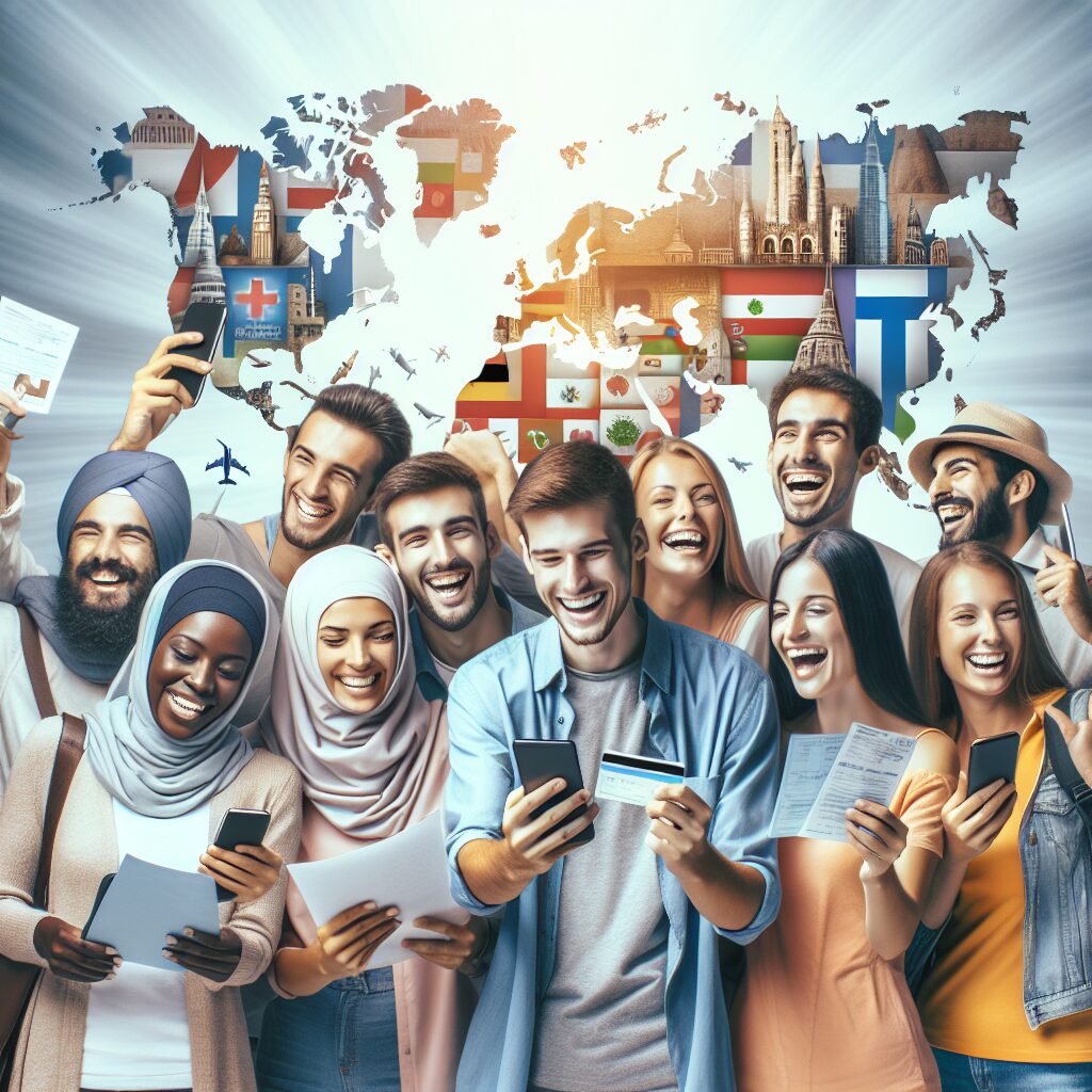 A diverse group of travelers, each holding medical documents and smartphones, smiling and interacting online, set against a backdrop of international landmarks symbolizing Europe, Asia, and the Americas, with a soft, professional color palette.