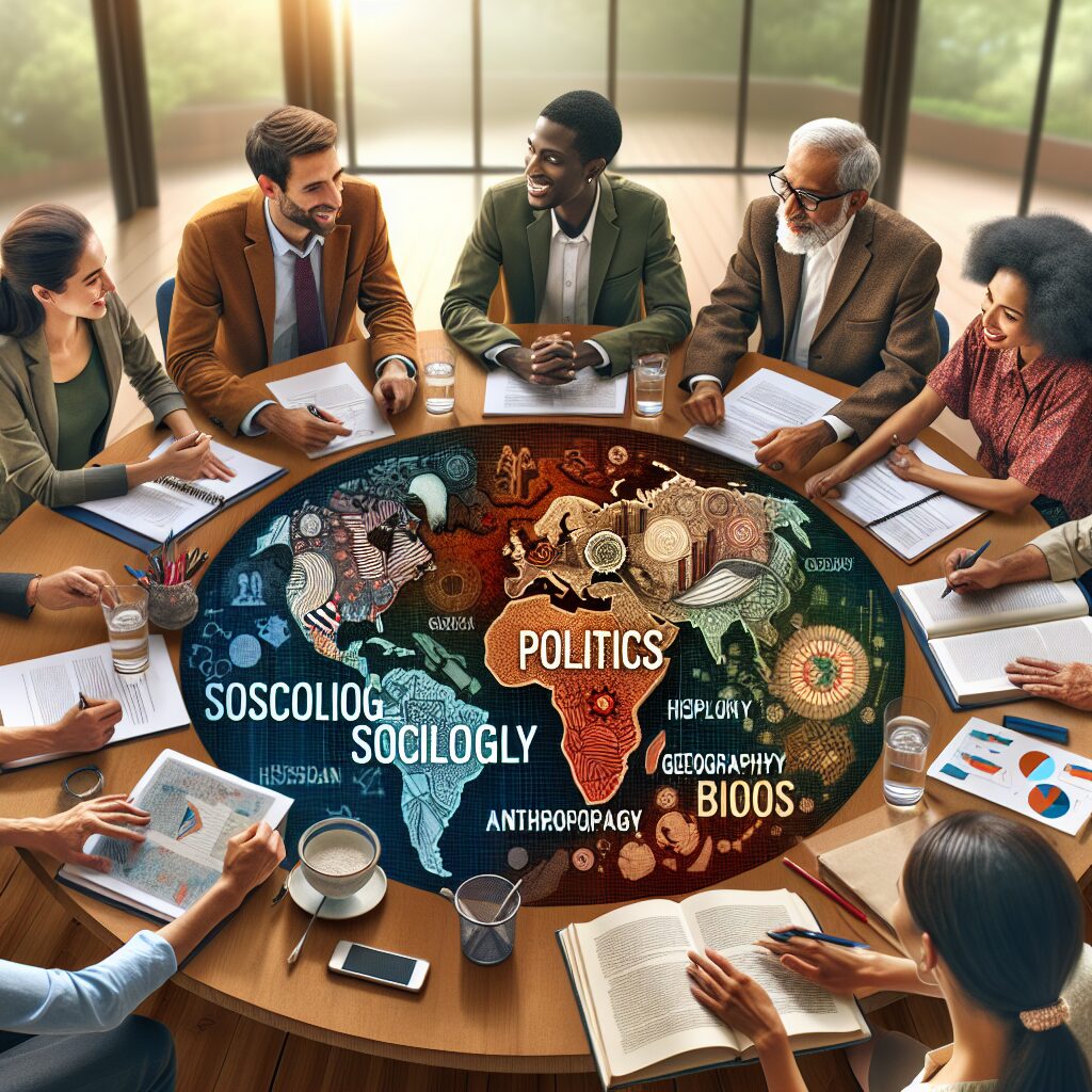 A dynamic meeting room with a diverse group of professionals engaged in discussion, representing fields like sociology, politics, geography, and anthropology, illustrating a multidisciplinary health committee in action.