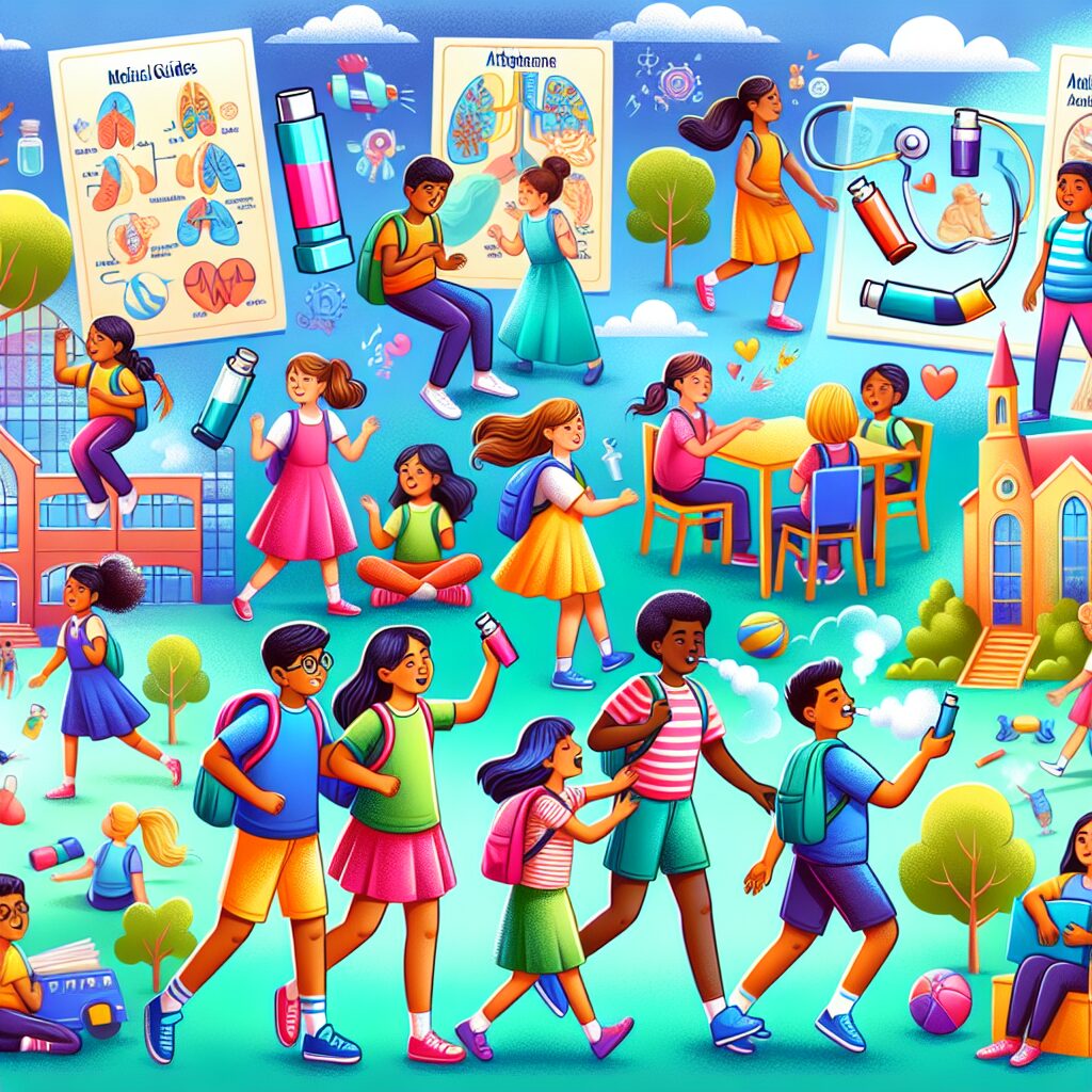 A dynamic, colorful illustration of a school environment with children, some playing and some wearing backpacks, while attention is drawn to inhalers and medical guides on asthma management, suggesting a proactive approach to asthma during school time. The scene should convey action and awareness in a supportive school setting.