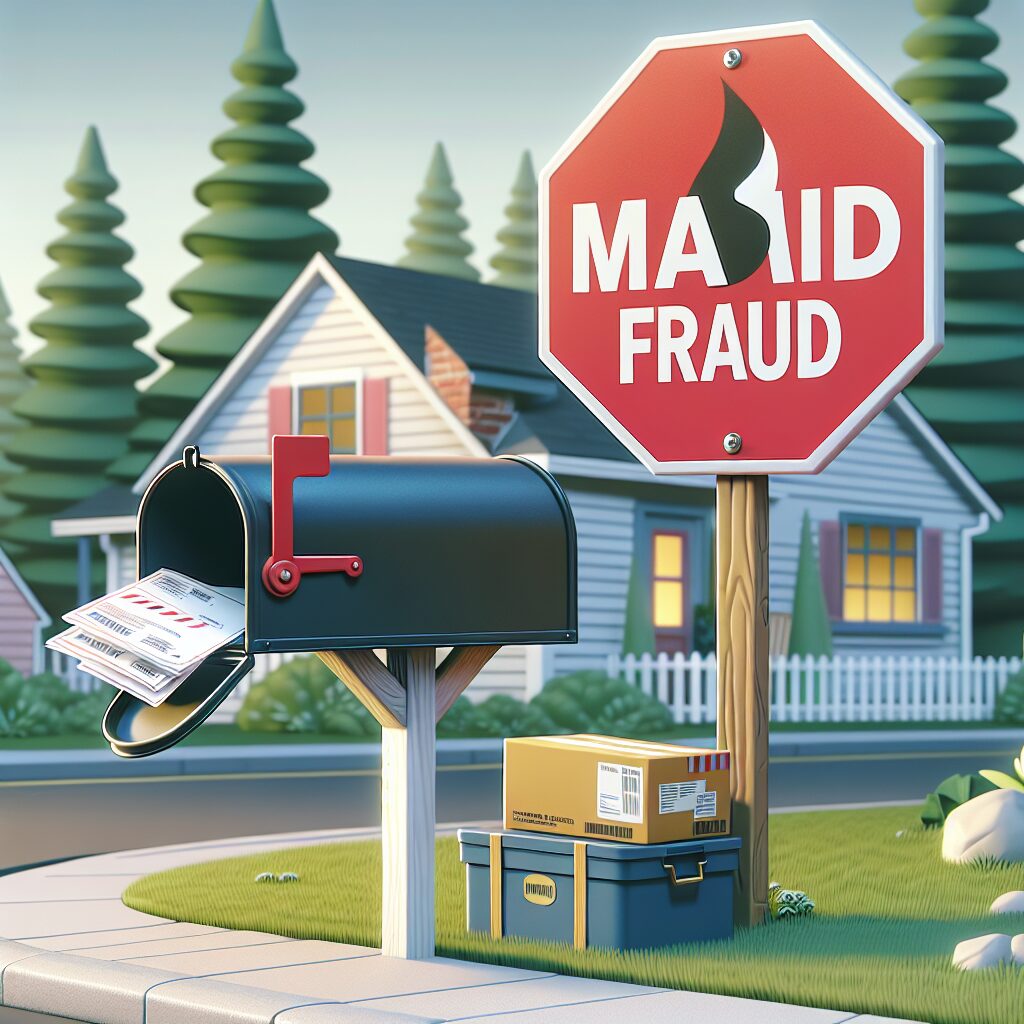 Une illustration représentant une boîte aux lettres avec un courrier suspect et un grand panneau d'avertissement signalant une fraude, le tout dans un style réaliste et informatif.