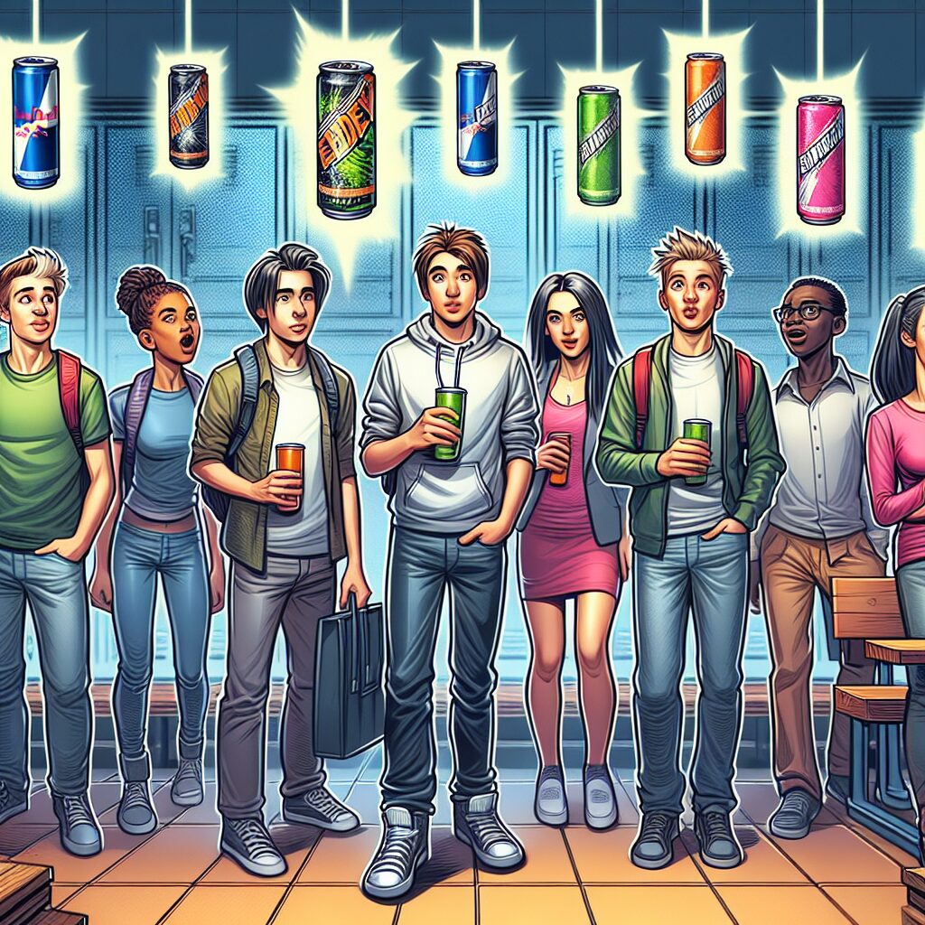 A dynamic illustration showing teenagers reacting to energy drinks, with elements like vibrant cans of energy drinks, a school setting, and expressions of curiosity and nonchalance.