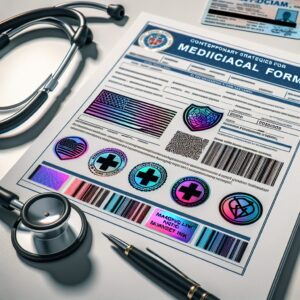 An official-looking secure medical form with holographic stickers and magnetic ink, representing a modern approach to fraud prevention in the healthcare sector. The form is placed on a desk with a stethoscope and a doctor's ID card visible, in a professional office setting.