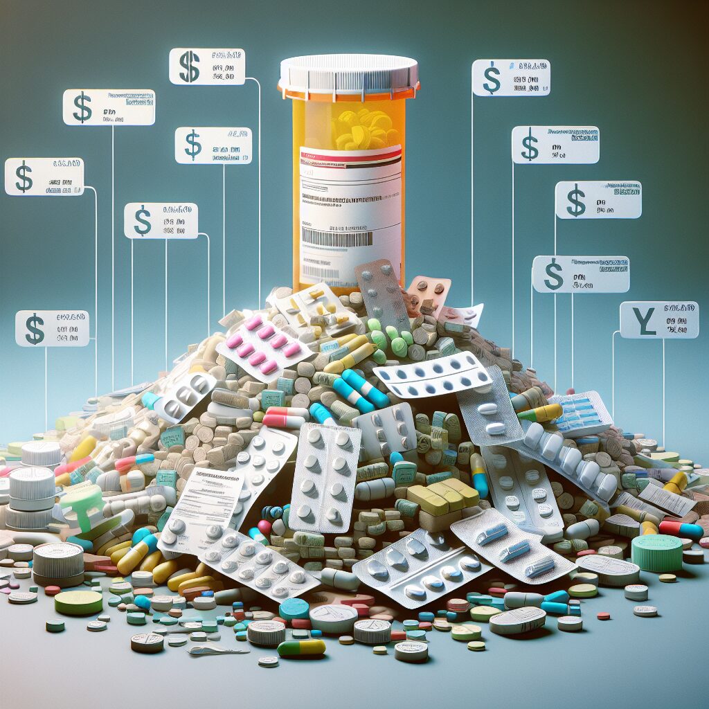 Illustration de médicaments non utilisés, empilés sur une table, symbolisant le gaspillage pharmaceutique en France, avec des étiquettes indiquant les coûts faramineux. Image de style infographique avec des symboles de l'économie.