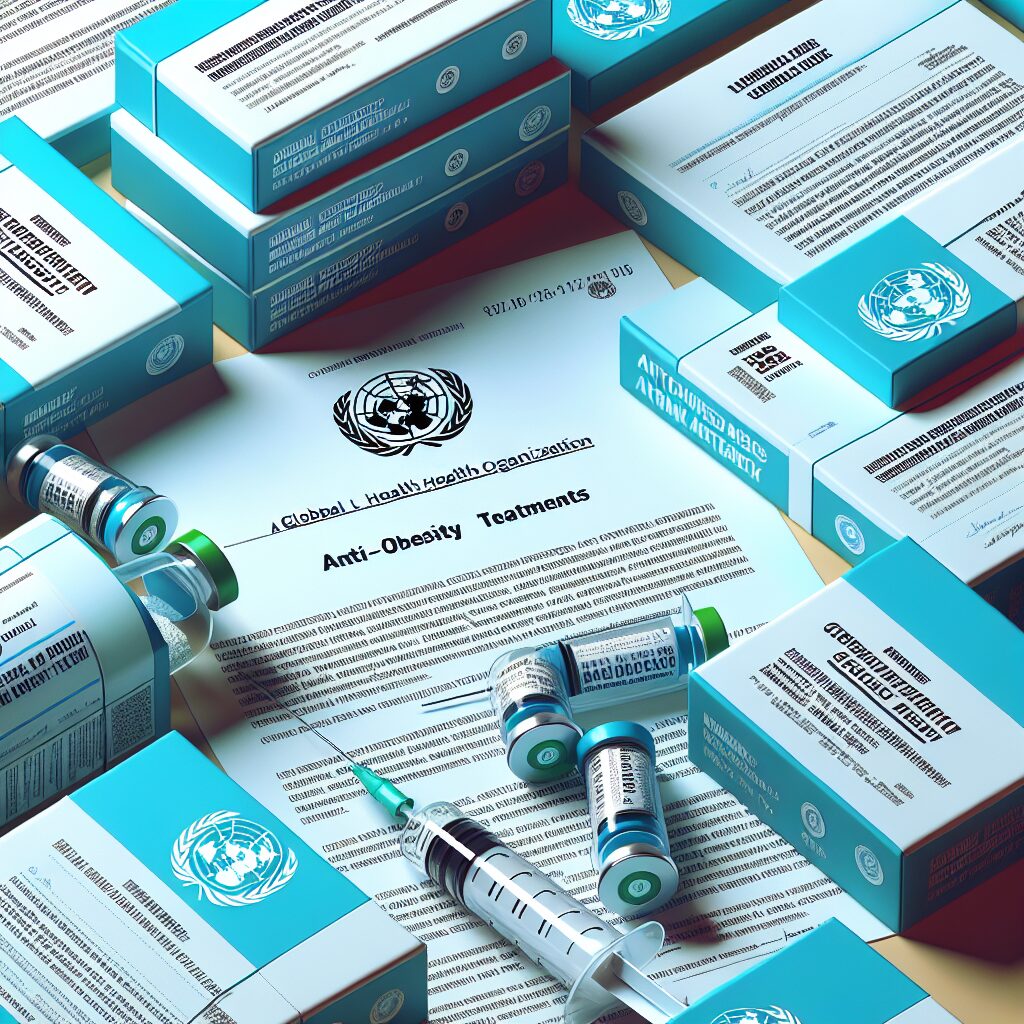 Illustration montrant des seringues et boîtes de médicaments étiquetées avec des noms de traitements anti-obésité, entourées de documents de l'OMS, symbolisant la reconnaissance officielle de ces médicaments.