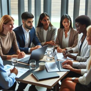 A group of diverse professionals sitting around a conference table, engaged in a discussion on public health policies, with documents and laptops scattered around. The setting is modern and professional, reflecting a focus on scientific collaboration and innovation.