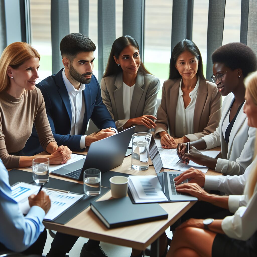 A group of diverse professionals sitting around a conference table, engaged in a discussion on public health policies, with documents and laptops scattered around. The setting is modern and professional, reflecting a focus on scientific collaboration and innovation.