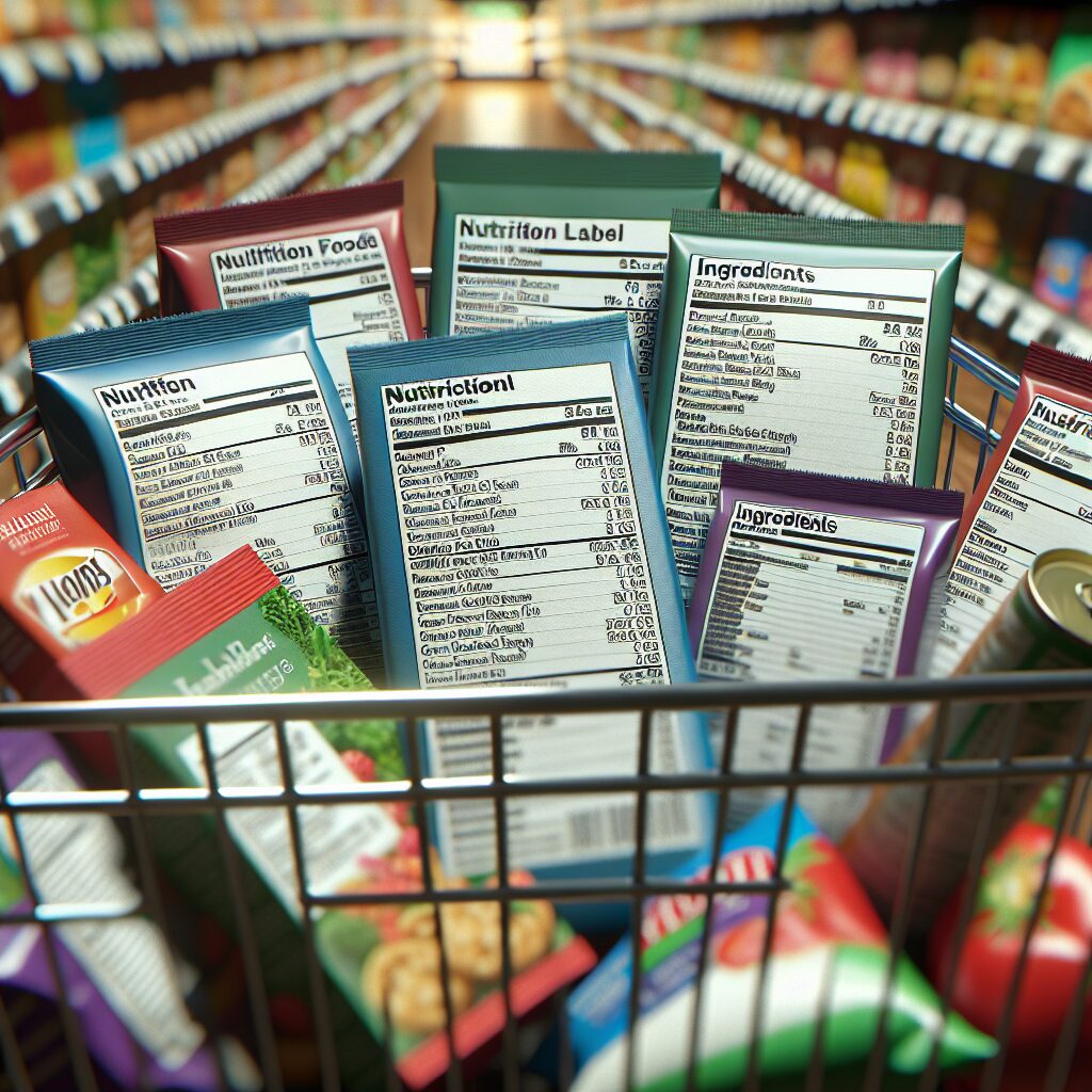 A close-up of a shopping cart filled with various packaged food products, highlighting nutritional labels and ingredient lists. The image should convey a sense of scrutiny and consideration in choosing healthy food options.