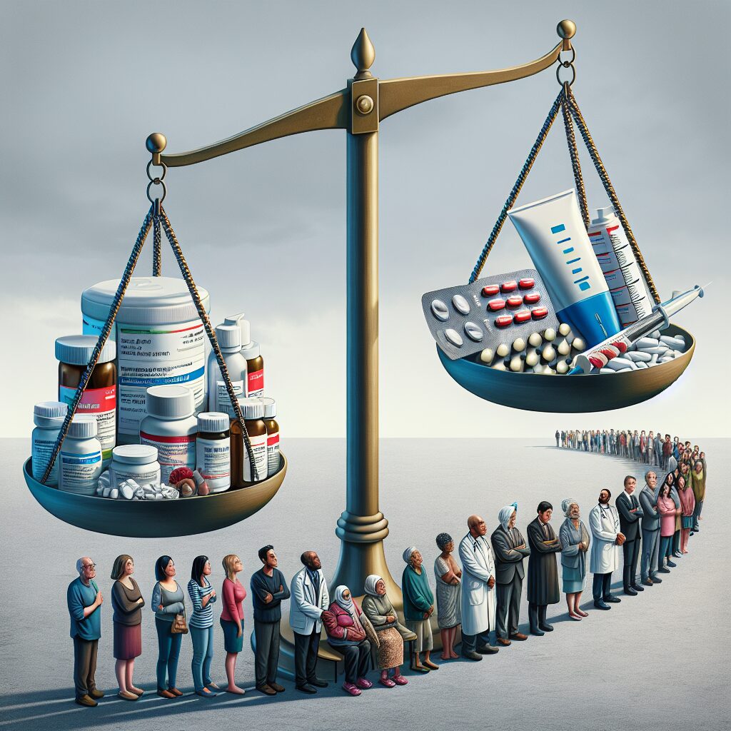 Une illustration représentant des inégalités sociales dans l'accès aux soins de santé, avec une balance déséquilibrée entre des traitements médicaux et des personnes en attente, dans un style réaliste.