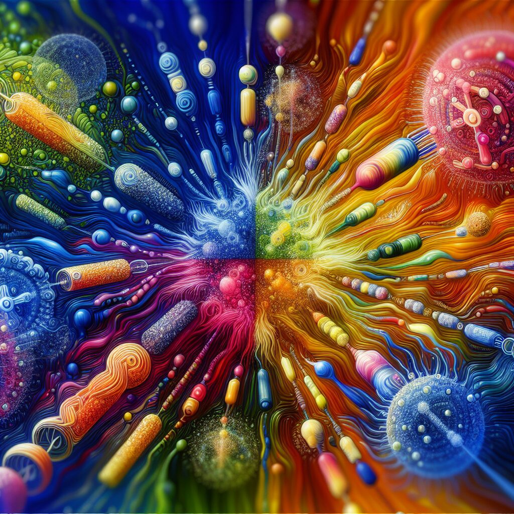 An illustration of synthetic mirror bacteria, showing their potential impact on ecosystems, with contrasting vibrant colors and biological structures, evoking both innovation and danger.