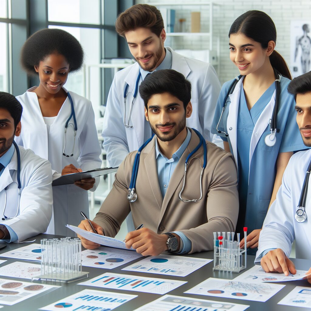 A professional healthcare setting with diverse people working on different health prevention strategies, surrounded by data charts and medical tools. A modern and efficient environment reflecting teamwork and scientific research in healthcare.